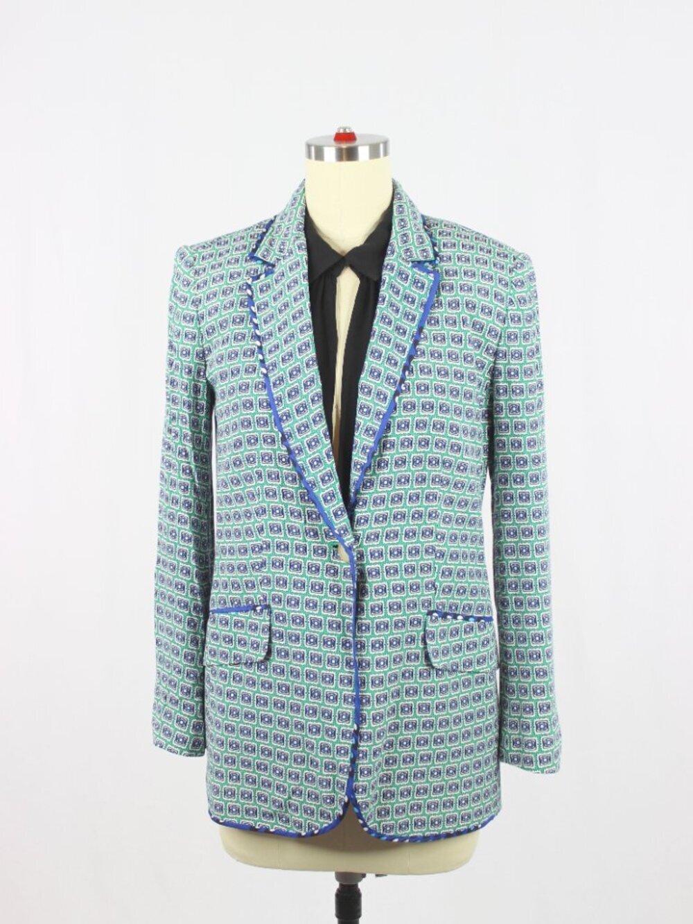 DVF DIANE VON FURSTENBERG Roslyn Green Printed Viscose Crepe Soft Blazer, Size 0